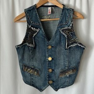 Pepe Jeans London Rhinestone Blue Denim Jean Sleeveless Vest Shirt Top *Size M*